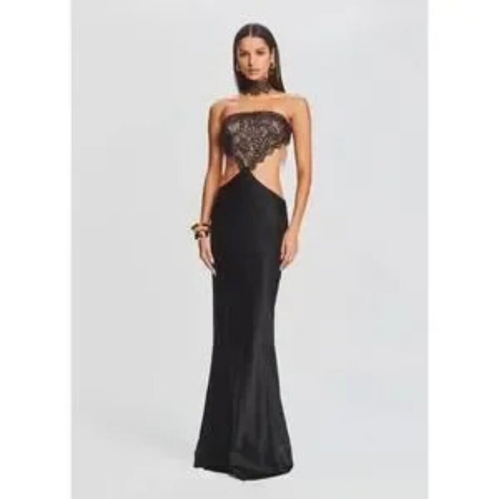 $798 Retrofete Lucie Black Lace Satin Designer Strapless Cutout Dress Small/4